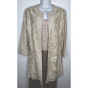Neiman Marcus Beige Linen Embroidered Overlay 3/4 Length Metallic Jacket 10 M
